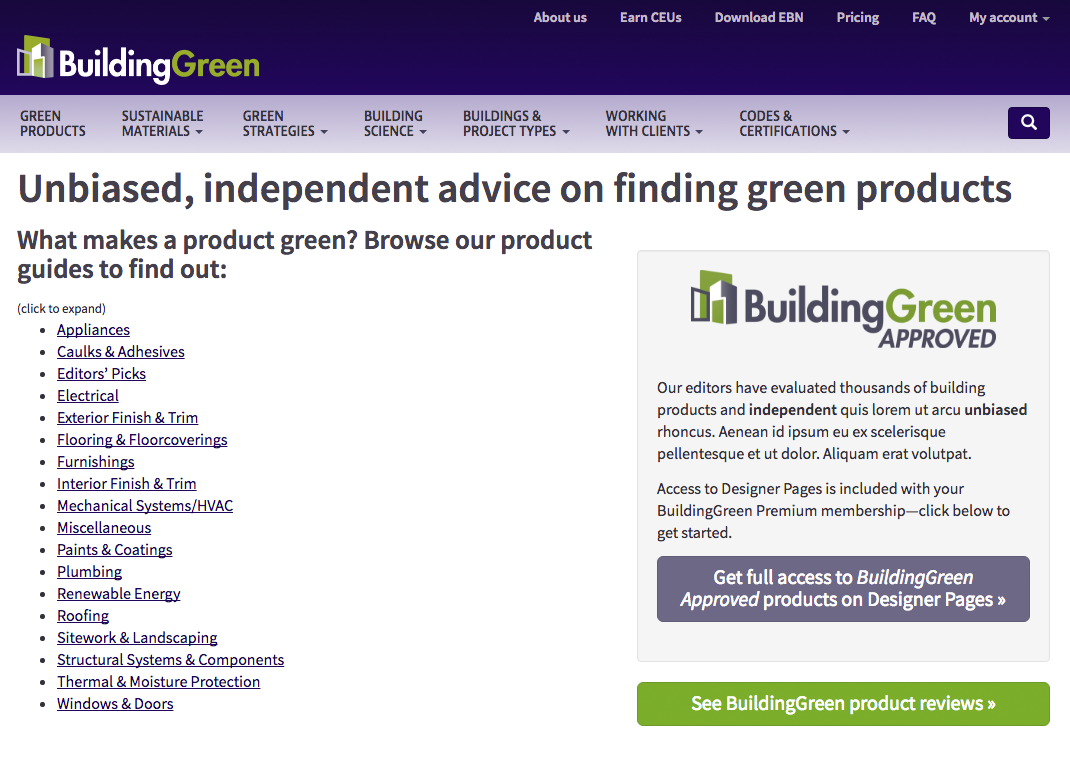 Screen capture of main products page