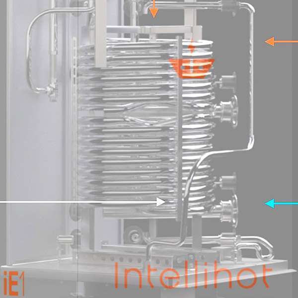 diagram showing the heat exchangers and other parts inside the Intellihot iE3 commercial water heater.