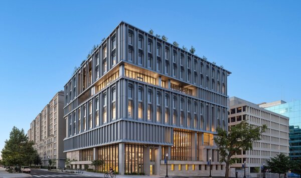 McCourt School of Public Policy building at the Georgetown University Capitol Campus at dusk