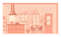  illustration in orange and yellow shows only one type of ventilation, over the stove in a kitchen. dark dots representing dangerous particles appear throughout the room.