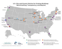 Map of the U.S. showing jurisdictions with some form of benchmarking law