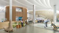 architectural rendering of a hospital lobby shows parents and children as well as a wooden seal sculpture in the foreground