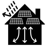 black and white drawing of a house with solar panels and arrows showing energy from the sun entering the house.