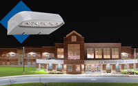 Wall-mounted LED fixture superimposed over a school building lighted with that product.