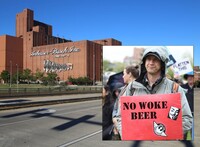 joke photo of protestor holding 'no woke beer' sign
