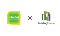 the mindful materials logo on the left, a multiplication symbol in the middle, the building green logo on the right.