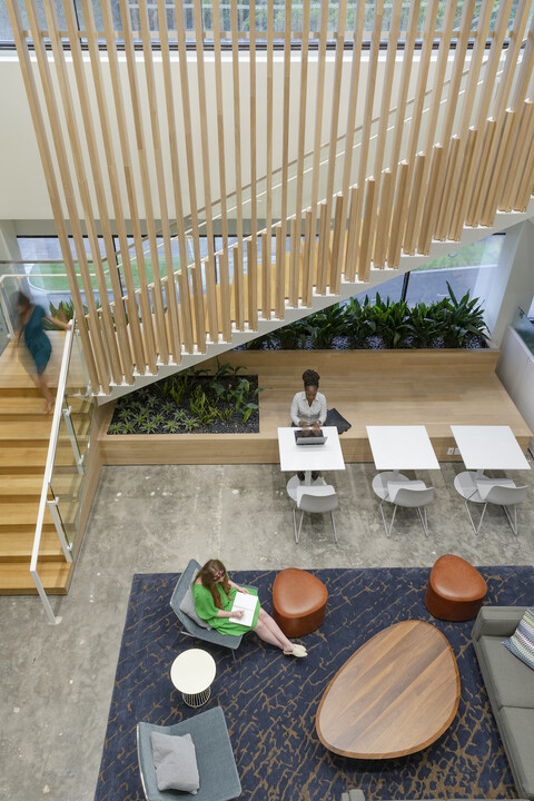 aerial view of an office building interior lobby