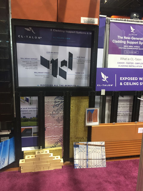  CL-Talon demonstration installation at Greenbuild in Chicago shows the system with mineral wool and Kooltherm insulation along with brick, terra cotta, and stone cladding options.