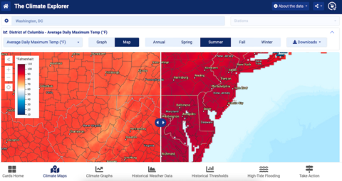 screenshot of a map of the washington d.c. area showing average daily temperature changes—a dark orange hue on the left (the past) and deep red on the right (high-emission scenario).