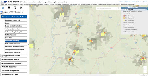 The EJ Screen tool, showing environmental justice indicators on the left and a map of the southern United States with many areas color-coded to reveal proximity to Superfund sites.