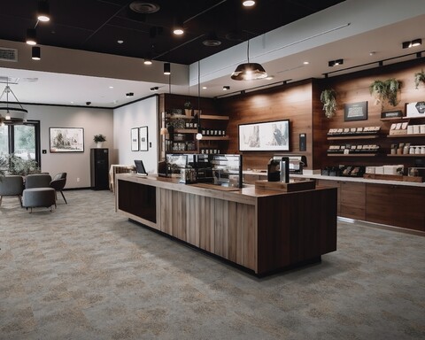 A retail space with gray and brown floor tiles, wood paneling, pendant lights, and a long rectangular wood display unit.