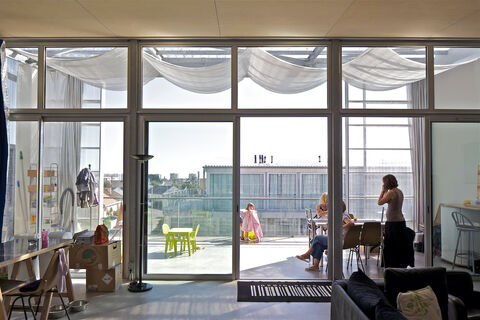 Paris social housing interior, looking outward onto a porch