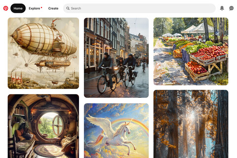 a pinterest board showing an airship, bicyclists on a small cobblestone back street, a farmers' market, a hobbit hole, a unicorn pegasus with rainbow, and an old-growth forest with a sunburst.