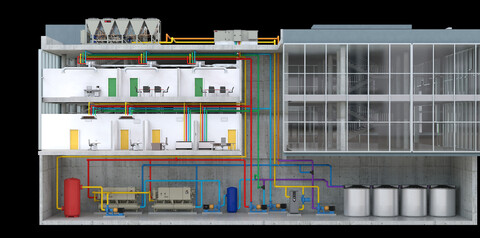 Cross section of a building showing air to water heat pumps on the roof and thermal energy storage and chiller-heaters in the basement connected by pipes going through rooms throughout the building.
