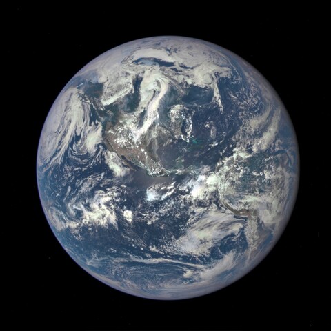 a NASA composite image of the Earth viewed from space with sun shining on the entire half shown