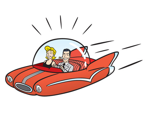 a cartoon red hover car in retro 1950s style with a happy white man smoking a pipe in the driver's seat and a white woman in the passenger seat.