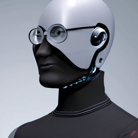 a robot architect wearing a black turtleneck and glasses.