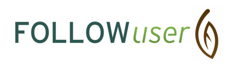 a logo with the words follow user in green and an upside-down brown leaf.