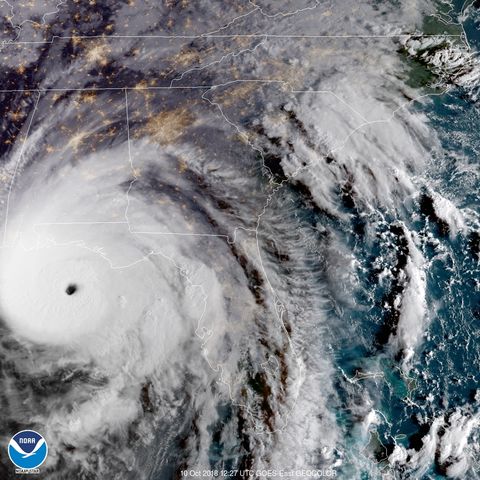 A GOES-16 East Geocolor satellite image of Hurricane Michael shows the storm as it approaches the Florida Panhandle.