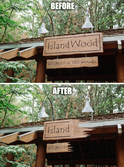 before and after photos of a carved wooden sign. before: island wood, a school in the woods. after: island, a school.