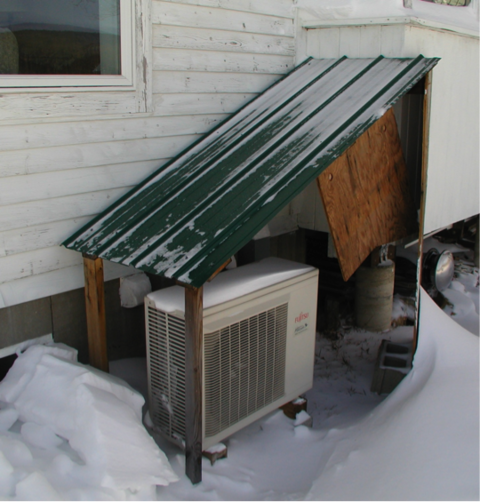 shed roof installed over compressor for mini split heat pump