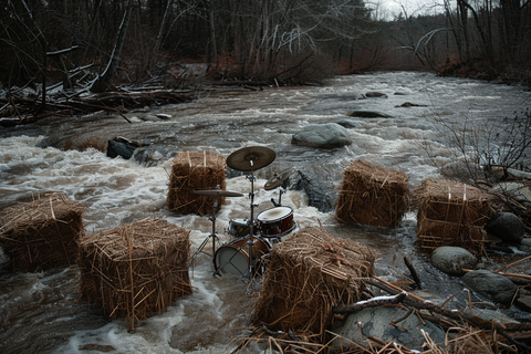 A flooded river during a major storm. A drum set and construction debris are in the raging water.