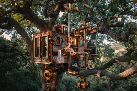 a treehouse with steampunk pipes all over it.